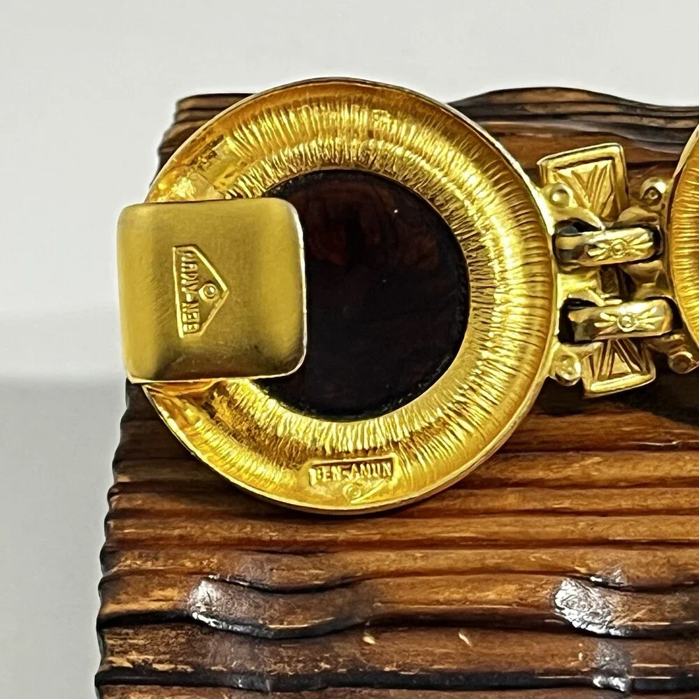 VTG Ben Amun Belt 24K Gold Plated Amber Resin Cabochon Leather Cinch 27